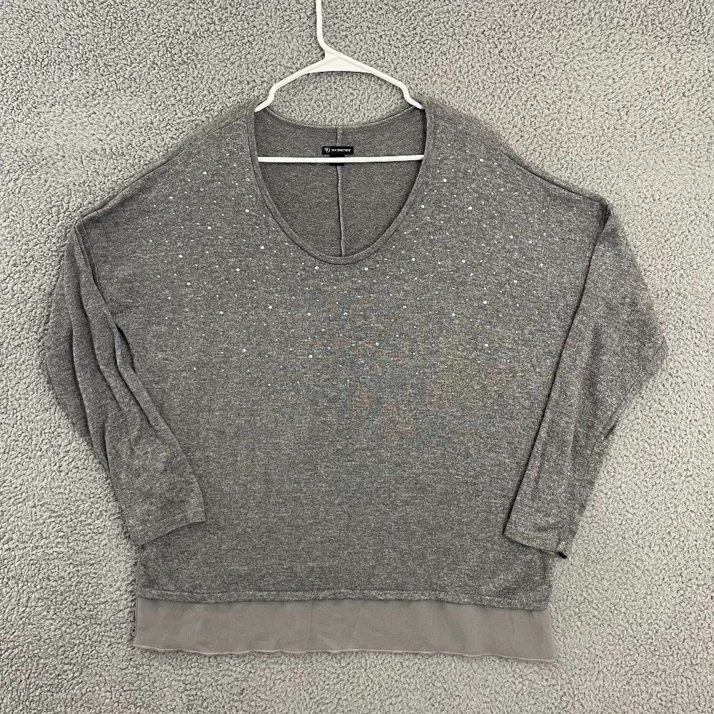New Directions Women M Gray Layered Jeweled Casual Oversized Scoop Neck Sweater
